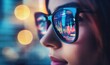 © redflower - Close-Up of Businesswoman with Stock Market Graph in Glasses Reflection, Candlestick and Financial Data on Screen