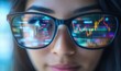 © redflower - Close-Up of Businesswoman with Stock Market Graph in Glasses Reflection, Candlestick and Financial Data on Screen
