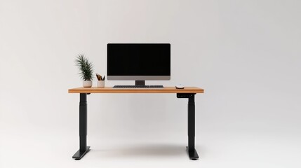 Poster - A minimalist workspace featuring a computer on a desk with plants and stationery.