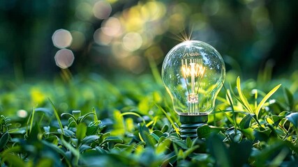 Leinwandbilder - A light bulb stands out in vibrant green grass, glowing softly as the sun sets, casting warm light and creating an inviting atmosphere in natures embrace.