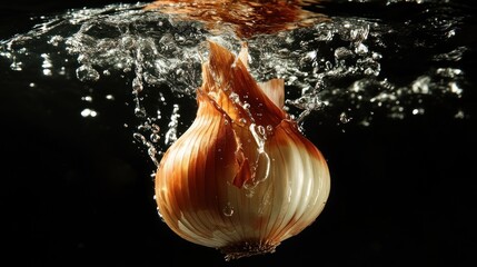 Poster - An onion splashes into water, creating dynamic bubbles and ripples.