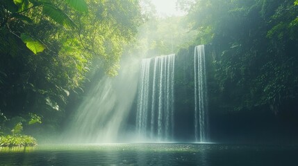 Sticker - A serene waterfall cascading into a tranquil pool surrounded by lush greenery.