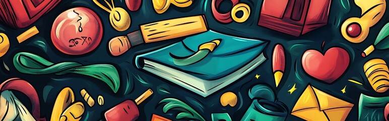 A colorful abstract design with a book, heart, pencil, and other objects on a blue background.