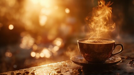 Poster - A steaming cup of coffee sits on a table, illuminated by warm sunlight.