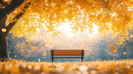 Landscape shot.In autumn.A photograph of an ultra-realistic yellow ginkgo tree in full bloom, with leaves shining like gold and sunlight filtering through them. The trees form a canopy above the park'