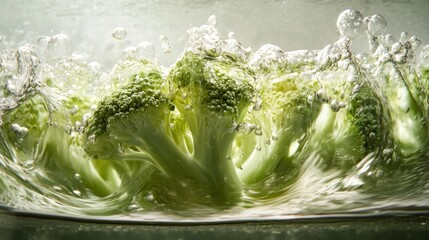 Poster - Broccoli submerged in water, creating bubbles and splashes.