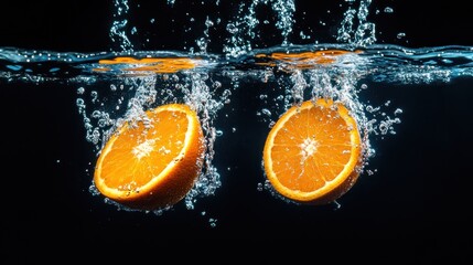 Two orange halves splashing into water, creating bubbles in a dark background.