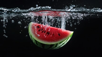 Poster - A slice of watermelon submerged in water, creating bubbles and ripples.