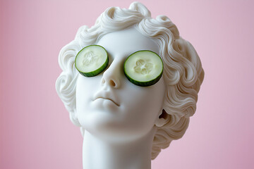 statue of a greek goddess with cucumber slices on eyes. sculpture on spa treatments after bath. beau