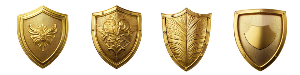 Golden shields with ornate designs in four different styles isolated on transparent background