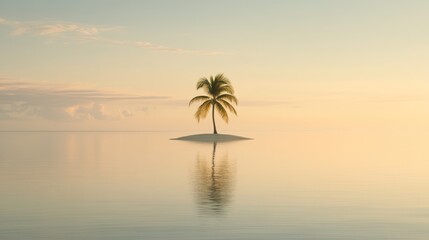 Wall Mural - A serene tropical island with a solitary palm tree reflected in calm waters at sunset.