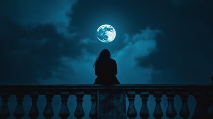 Wall Mural - A silhouette of a person gazing at a full moon amidst a cloudy night sky.