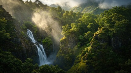 Sticker - A breathtaking waterfall cascading through lush green mountains under soft misty light.