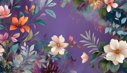 Wall Mural - Vibrant Floral and Leaf Artwork on Purple Background: A Watercolor and Abstract Texture for Artistic Wallpaper Design