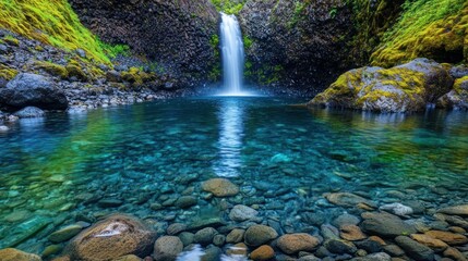 Sticker - A serene waterfall cascading into a clear pool surrounded by lush greenery and rocks.