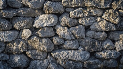 Poster - A textured stone wall made of irregularly shaped rocks, showcasing natural materials.