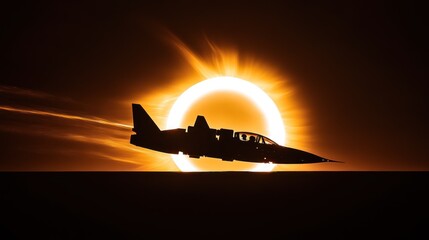 Wall Mural - A silhouette of a jet flying in front of a bright sun during an eclipse.