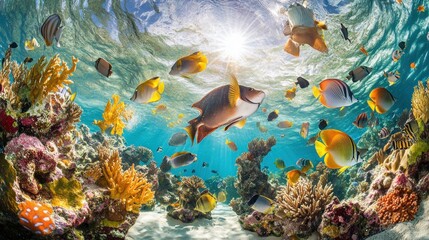 Wall Mural - Vibrant underwater scene with diverse fish and coral, illuminated by sunlight.