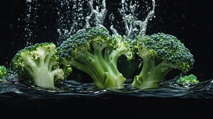 Wall Mural - Fresh broccoli splashing in water, showcasing its vibrant color and texture.