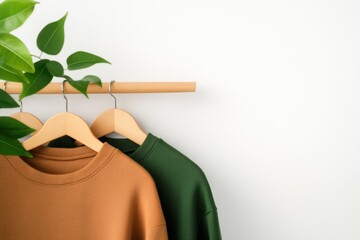 Two stylish sweatshirts hanging on a wooden rack with green leaves in a modern, minimalistic interior.