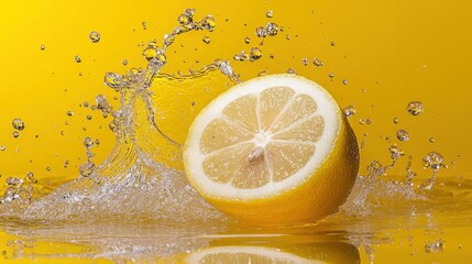 A fresh lemon splashing in water against a vibrant yellow background.