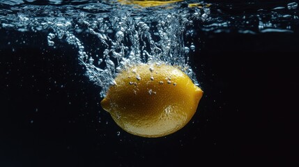 Wall Mural - A lemon splashes into water, creating bubbles and ripples in a dark setting.