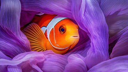 Wall Mural - A vibrant clownfish nestled among soft, purple corals in an underwater scene.