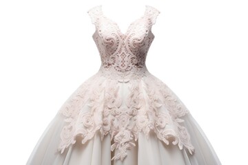 A custom-designed wedding dress with unique lace patterns, incorporating white and blush pink lace in a personalized style.