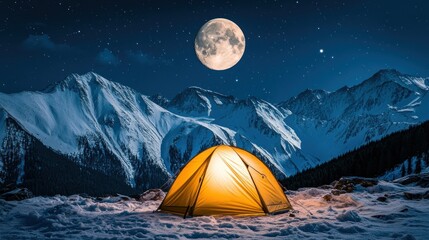 Wall Mural - A glowing yellow tent in a snowy landscape under a full moon and starry sky.