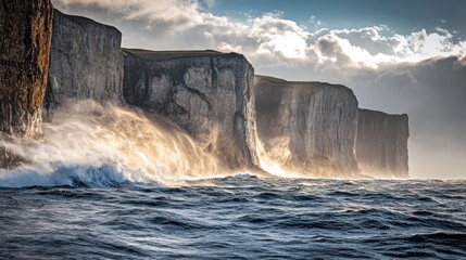 Wall Mural - Dramatic cliffs meet turbulent ocean waves under a moody sky.