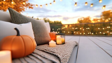 Canvas Print - A deck with a pillow and candles on it, AI