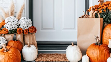 Wall Mural - The front porch is beautifully adorned with vibrant pumpkins and blooming mums, complemented by a charming doormat, embodying the spirit of autumn