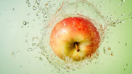 Sticker - A red apple splashes into water, creating dynamic droplets against a soft green background.