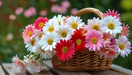 Poster - Vibrant bouquet of colorful daisies in a wicker basket on a rustic wooden table, surrounded by a softly blurred garden backdrop