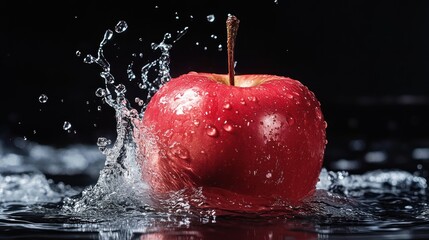 Poster - A vibrant red apple splashes in water, showcasing freshness and vitality.