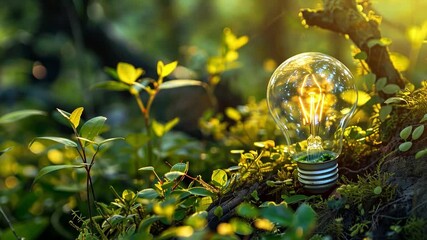 Poster - A light bulb illuminates its surroundings, surrounded by vibrant green plants and foliage in a serene forest setting during the soft glow of twilight.