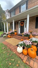 Wall Mural - The front porch is beautifully adorned with vibrant pumpkins and blooming mums, complemented by a charming doormat, embodying the spirit of autumn