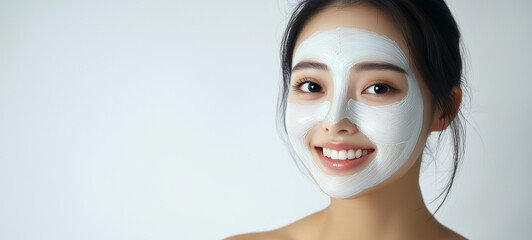 An Asian woman with a smiling face and a white facial mask on an isolated background representing a beauty skin care concept