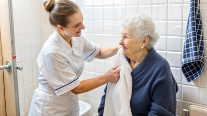 Nurse assisting elderly woman with care and comfort in modern bathroom setting