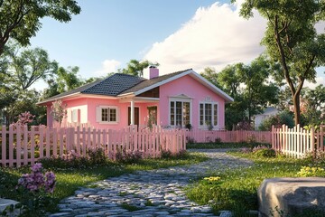 Wall Mural - luxury classic pink chalet house with elegant wooden fence house 