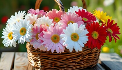 Poster - Vibrant bouquet of colorful daisies in a wicker basket on a rustic wooden table, surrounded by a softly blurred garden backdrop