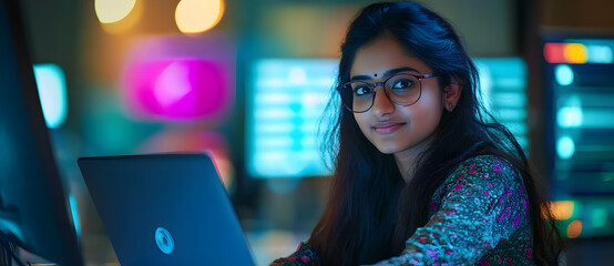 Wall Mural - The image shows a young Indian female IT developer working on a laptop in the office.