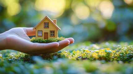 Canvas Print - Hand Holding House Model Symbol of Comfort, Stability, and Security