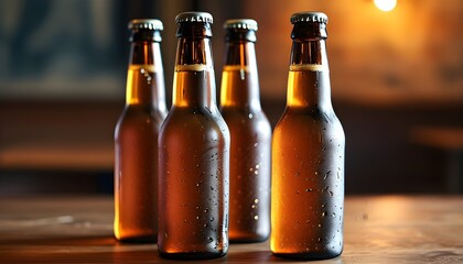 Wall Mural - Frosty amber beer bottles with condensation glistening in closeup detail