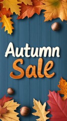 Celebrate the autumn season with this vibrant sale banner. Chestnuts and colorful leaves decorate a blue wooden table, inviting shoppers to enjoy great offers this fall