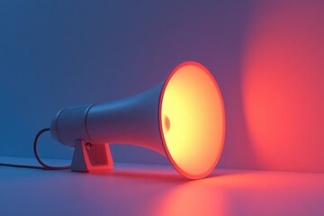 Wall Mural - White Megaphone Glowing With Orange And Red Light In A Blue Room