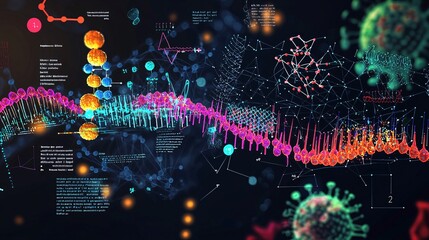 Wall Mural - Abstract digital visualization of a virus with glowing particles and data