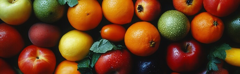 A close-up of a collection of colorful fruits and vegetables, including oranges, apples, a green gourd, and lemons.