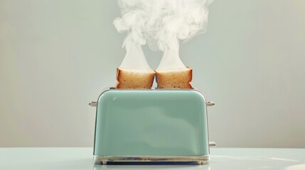 A retro-style toaster with two popping slots, set against a clean white background, emitting a wisp of steam from freshly toasted bread