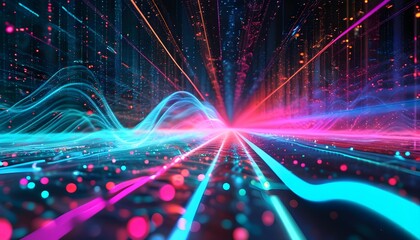 Futuristic neon sound waves and abstract patterns symbolizing frequency flow and innovative data transfer in a vibrant digital landscape